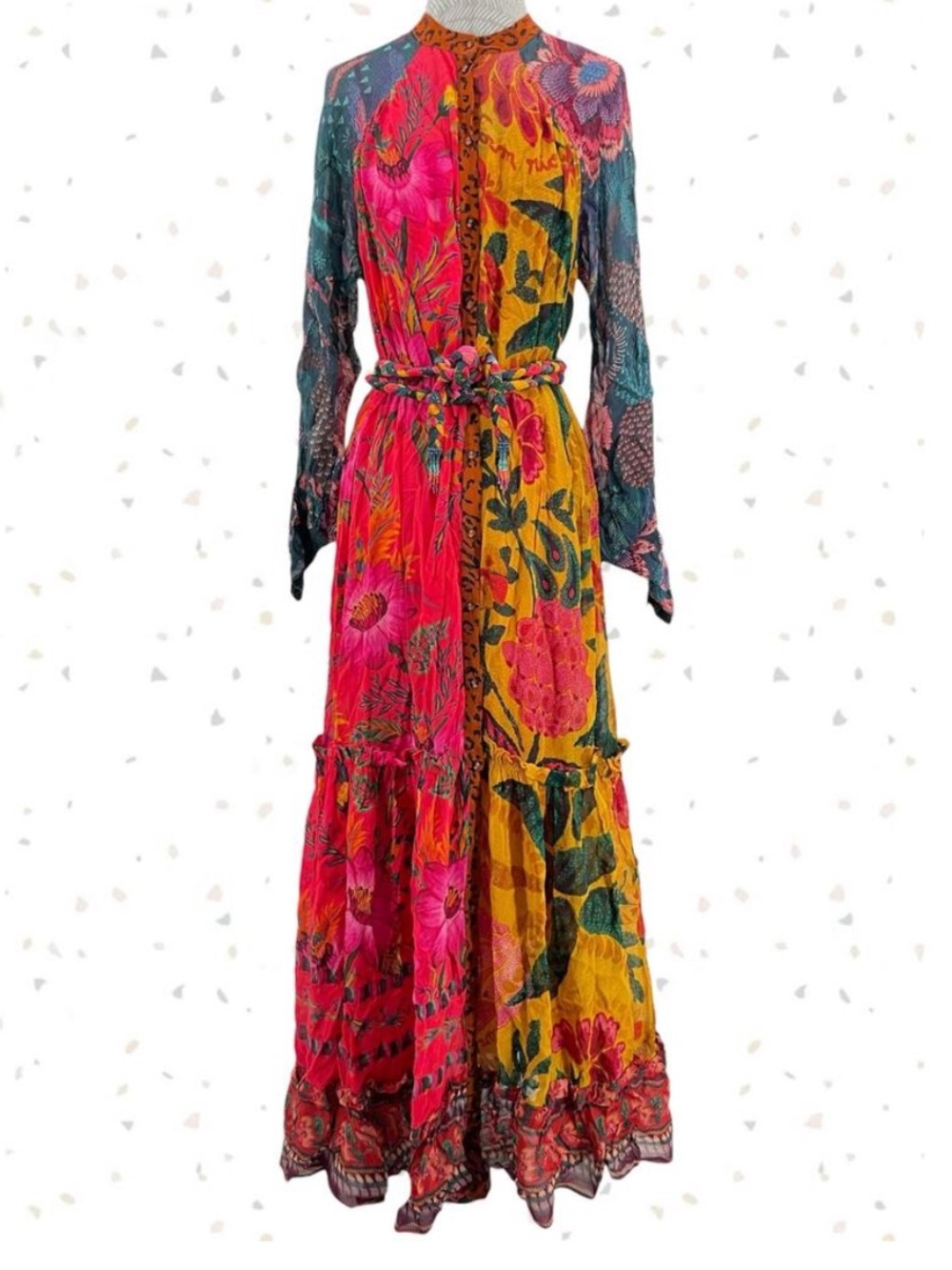 Farm Rio Bright Mixed Print Long Sleeve Button Down Maxi Dress Yellow Red Size S